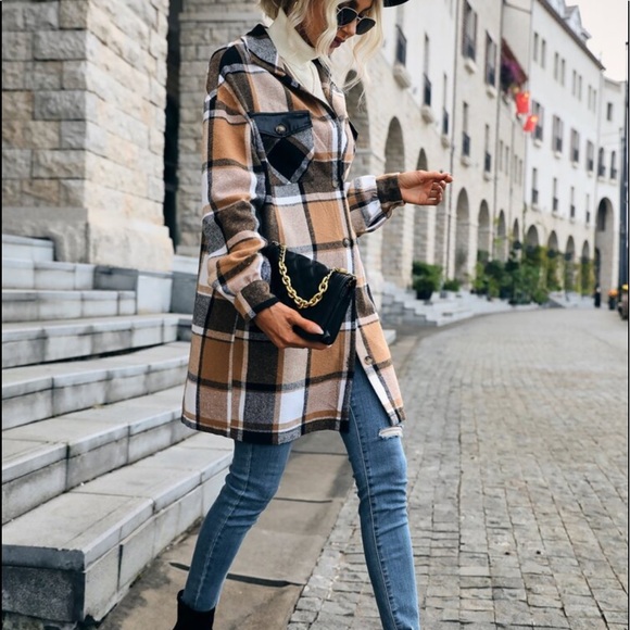 Cozy Plaid Print Button Up Oversized LIGHT Jacket Shacket Top - Picture 6 of 7